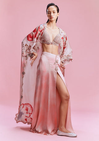 Evara Peach Satin Skirt-Bustier And Cape by Dolly J, available on Indiaspopup.com