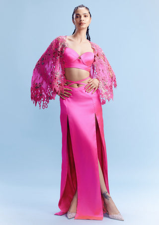 Olga Pink Bustier-Skirt And Organza Cape by Dolly J, available on Indiaspopup.com