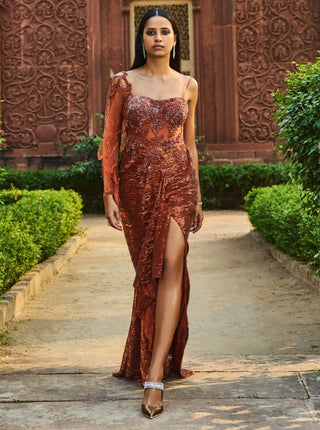 Dolly J-Arihee Copper Drape Gown-INDIASPOPUP.COM