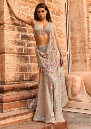 Bezoar silver sequins drape sari gown