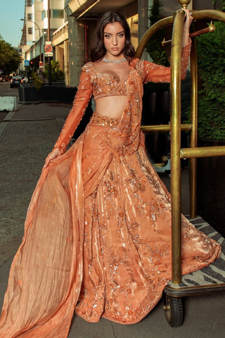 Salmon Orange Draped Lehenga Saree Set by Jigar And Nikita, available on Indiaspopup.com