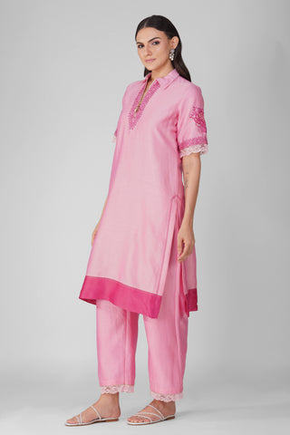 Devyani Mehrotra-Pink Rose Zipper Tunic And Pants-INDIASPOPUP.COM
