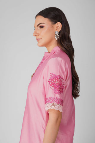 Devyani Mehrotra-Pink Rose Zipper Tunic And Pants-INDIASPOPUP.COM