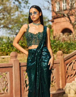 Dolly J-Emerald Green Draped Sari And Blouse-INDIASPOPUP.COM