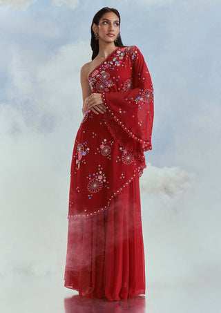 Nachiket Barve-Red Lunar Blossom Dress And Sharara-INDIASPOPUP.COM