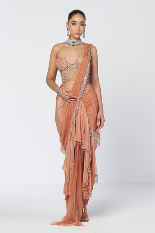 Crush peach corset sari set