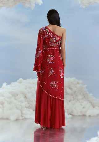 Nachiket Barve-Red Lunar Blossom Dress And Sharara-INDIASPOPUP.COM