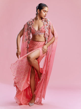 Clara Pink Chiffon Bustier-Skirt And Cape by Dolly J, available on Indiaspopup.com