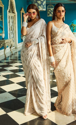 Dolly J-Inessa Ivory Chiffon Sari And Blouse-INDIASPOPUP.COM