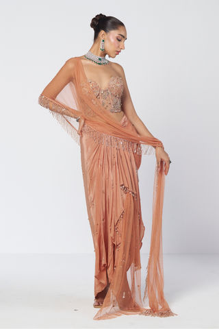 Crush peach corset sari set