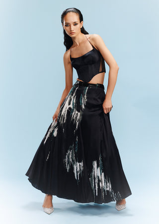 Raisa Black Satin Lehenga And Corset by Dolly J, available on Indiaspopup.com