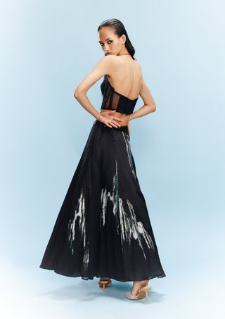 Raisa Black Satin Lehenga And Corset by Dolly J, available on Indiaspopup.com