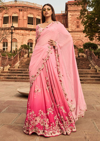 Pink shaded chiffon lehenga sari set