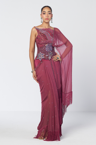 Param Sundari wine pre-draped sari set