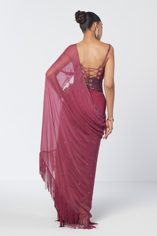 Param Sundari wine pre-draped sari set