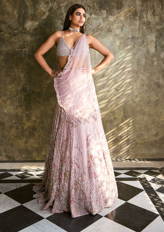 Blush pink shimmer tulle kalidar drape sari set