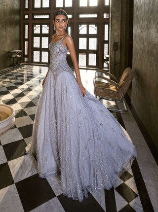 Dolly J-Gray Shimmer Pearl Tulle Gown-INDIASPOPUP.COM