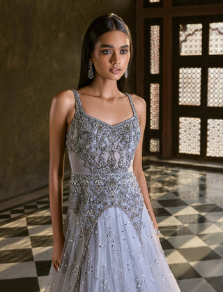 Dolly J-Gray Shimmer Pearl Tulle Gown-INDIASPOPUP.COM