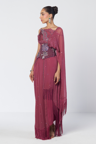 Param Sundari wine pre-draped sari set
