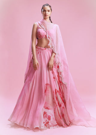 Sanvi Pink Chiffon Floral Lehenga Set by Dolly J, available on Indiaspopup.com