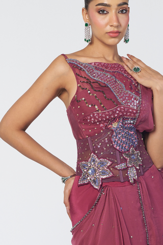 Param Sundari wine pre-draped sari set