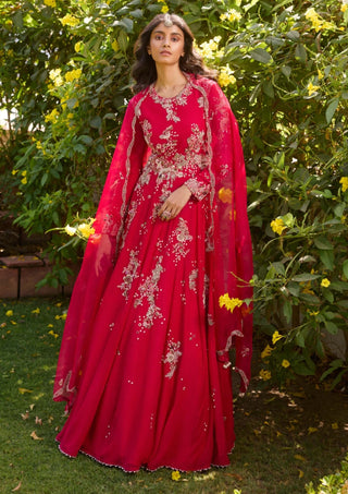 Ayelet Red Chiffon Anarkali Set by Dolly J, available on Indiaspopup.com