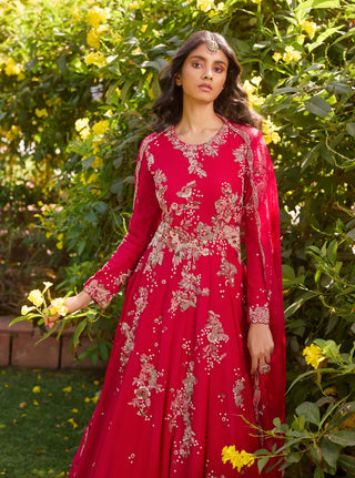 Ayelet Red Chiffon Anarkali Set by Dolly J, available on Indiaspopup.com