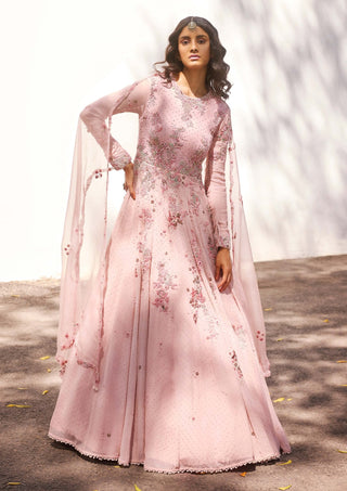 Shayna Pastel Pink Chiffon Anarkali Set by Dolly J, available on Indiaspopup.com