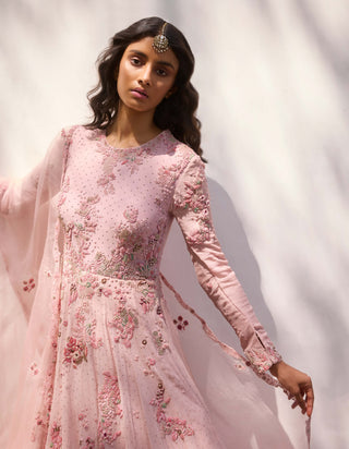 Shayna Pastel Pink Chiffon Anarkali Set by Dolly J, available on Indiaspopup.com