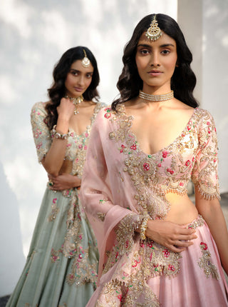 Eidel Pink Raw Silk Lehenga Set by Dolly J, available on Indiaspopup.com