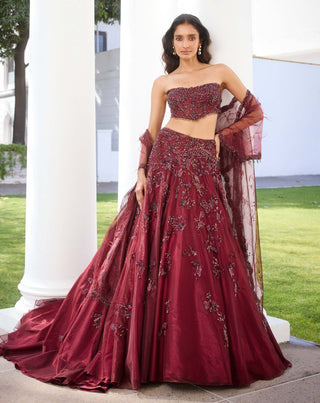 Eliora Maroon Tulle Lehenga Set by Dolly J, available on Indiaspopup.com