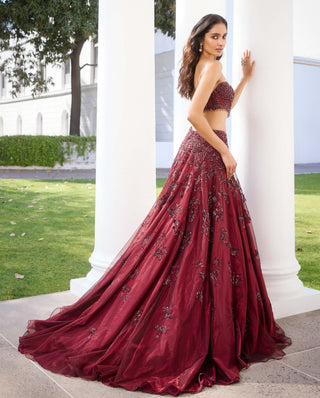 Eliora Maroon Tulle Lehenga Set by Dolly J, available on Indiaspopup.com