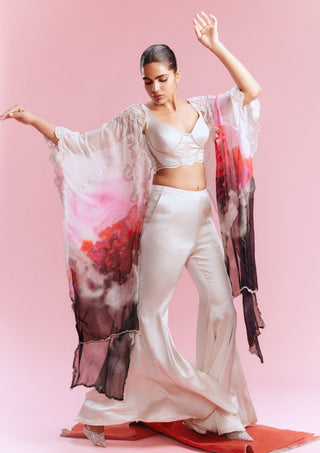 Amaya Chiffon Watercolor Cape And Pant Set by Dolly J, available on Indiaspopup.com