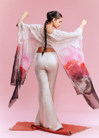 Amaya Chiffon Watercolor Cape And Pant Set by Dolly J, available on Indiaspopup.com