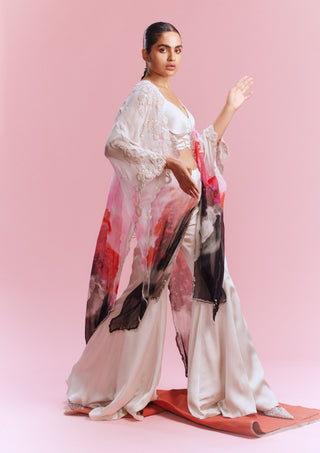 Amaya Chiffon Watercolor Cape And Pant Set by Dolly J, available on Indiaspopup.com