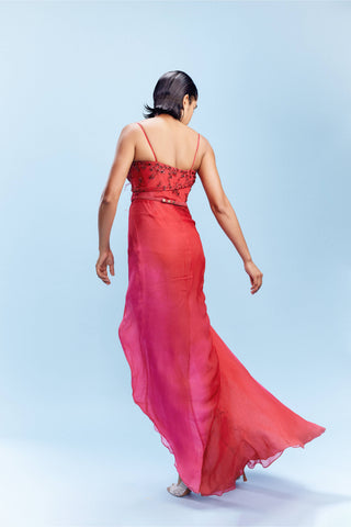 Miksha Maroon Ombre Draped Gown by Dolly J, available on Indiaspopup.com