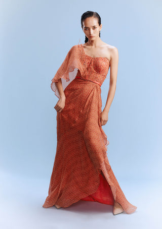 Keeva Orange Printed Draped Gown by Dolly J, available on Indiaspopup.com