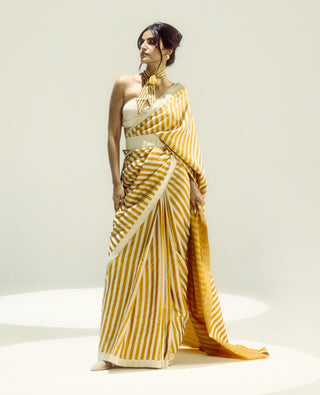 Ochre and vanilla candy cane sari with unstitched blouse piece