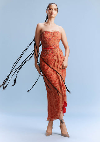 Dhara Printed Orange Draped Dress by Dolly J, available on Indiaspopup.com