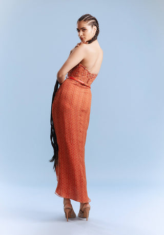 Dhara Printed Orange Draped Dress by Dolly J, available on Indiaspopup.com