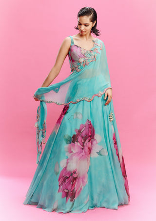 Zaira Turquoise Floral Lehenga Set by Dolly J, available on Indiaspopup.com