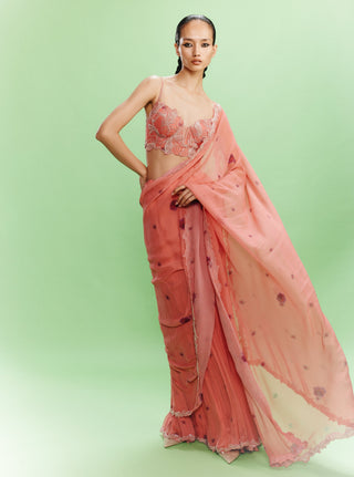 Liana peach chiffon floral sari set