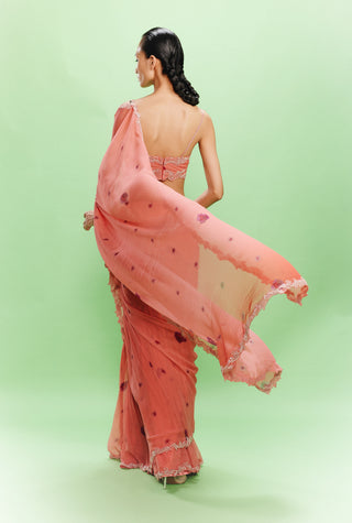 Liana Peach Chiffon Floral Sari Set by Dolly J, available on Indiaspopup.com