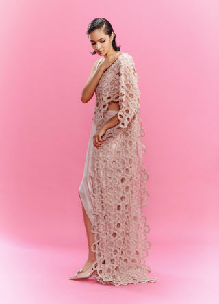 Lamara Dusky Peach Satin Draped Gown by Dolly J, available on Indiaspopup.com