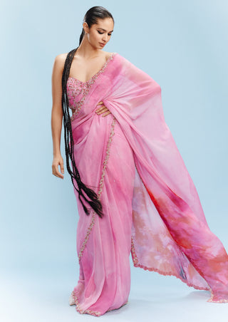 Vashti Pink Chiffon Watercolor Sari Set by Dolly J, available on Indiaspopup.com