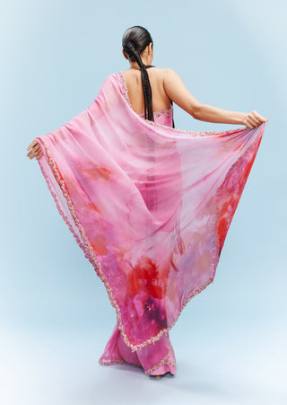 Vashti Pink Chiffon Watercolor Sari Set by Dolly J, available on Indiaspopup.com