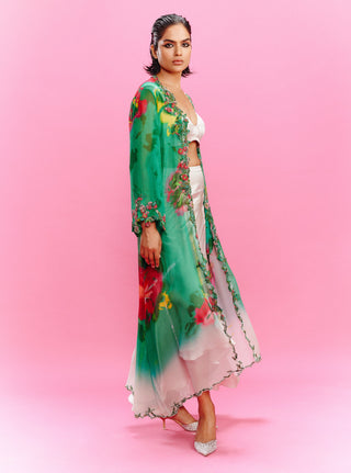 Idika Green Printed Jacket And Skirt Set by Dolly J, available on Indiaspopup.com