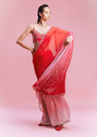 Mara Red Ombre Sari Set by Dolly J, available on Indiaspopup.com