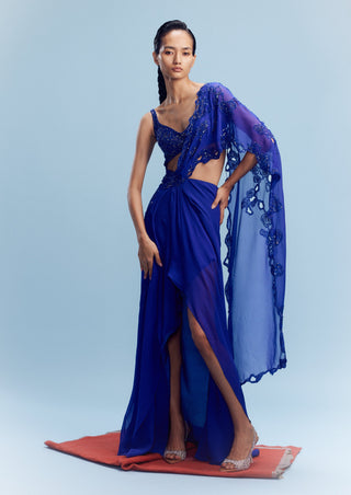 Moana Blue Chiffon Draped Sari And Blouse by Dolly J, available on Indiaspopup.com