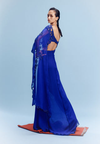 Moana Blue Chiffon Draped Sari And Blouse by Dolly J, available on Indiaspopup.com